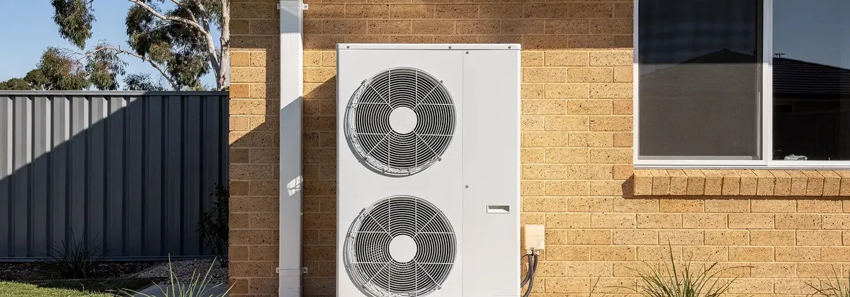 A large two-fan outdoor air conditioning unit on a concrete pad beside a cream brick house