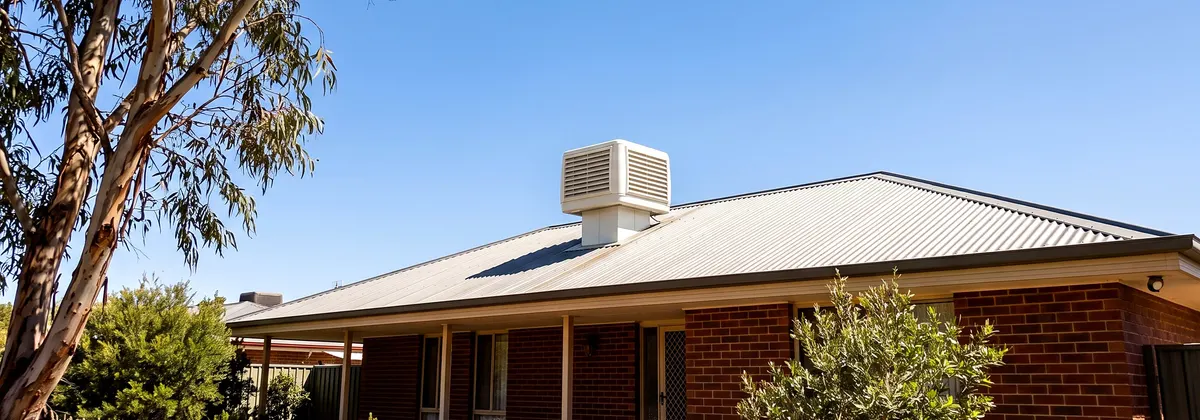 An evaporative cooler on the metal roof of a single-storey brick home