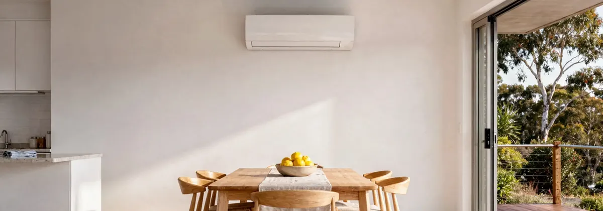 A split system above a timber dining table in an open-plan room that opens onto a deck