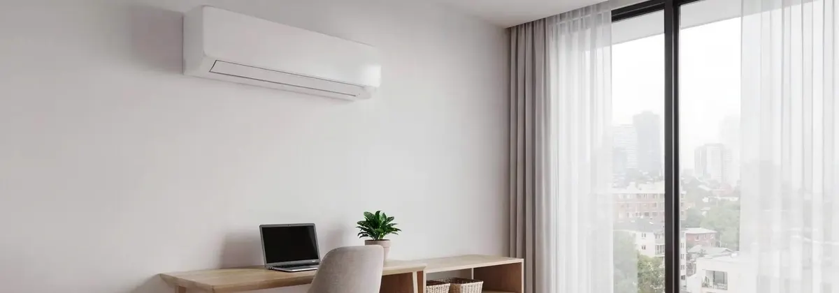A split system above a small desk in an apartment home office with a city view