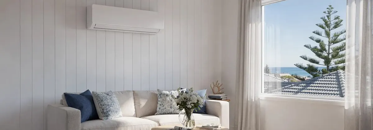 A split system on a white panelled wall in a coastal living room with a sea view