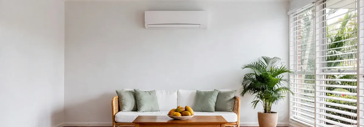 A split system above a cane sofa in a living room with a ceiling fan and timber floors
