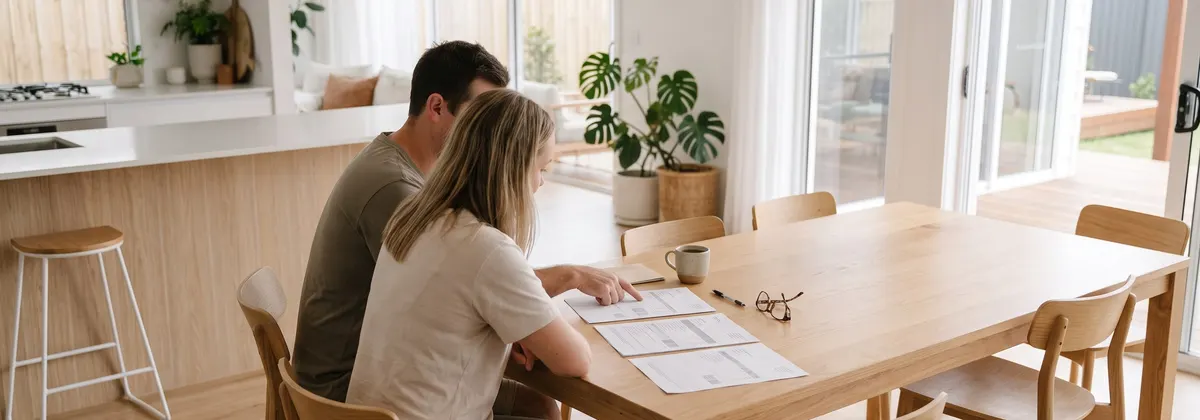 A couple at a timber dining table comparing printed quotes