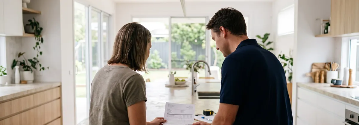 A homeowner and an air conditioning installer in a navy polo look over a printed quote at a kitchen bench