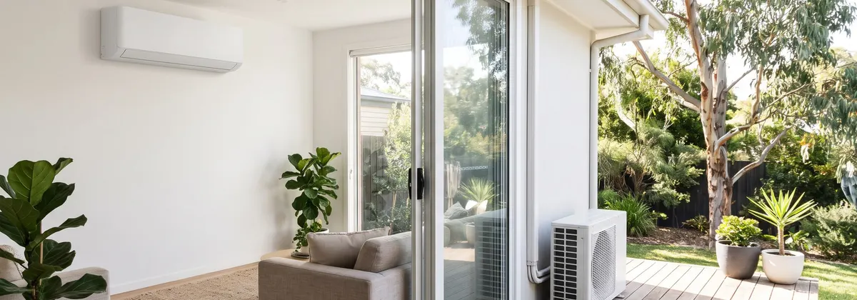 A split system indoor unit on a living room wall, with its outdoor unit on the deck beyond open sliding doors