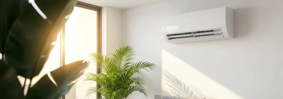 A split system mounted high on the wall above a grey sofa in a bright, sunlit living room
